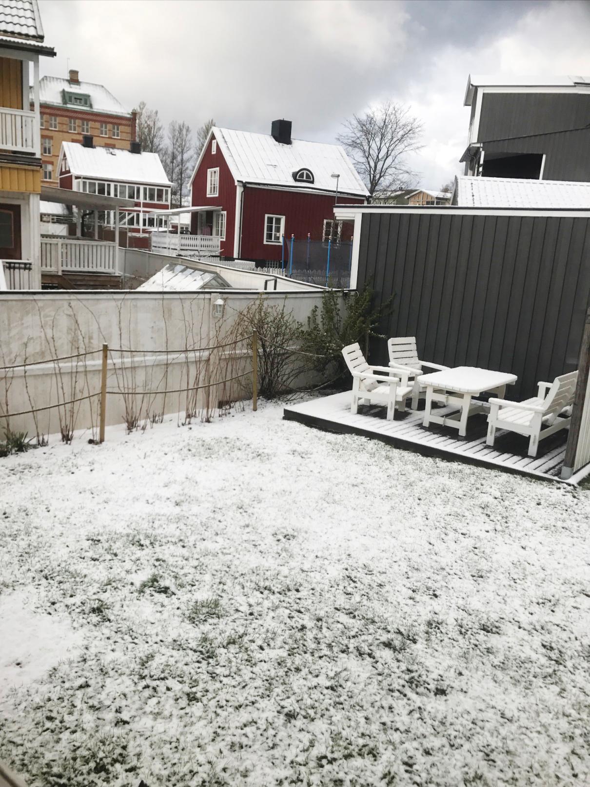 En läsare från Gävle har tagit en snöig bild på sin bakgård. Klicka vidare för att se hur det såg ut ett dygn senare. 