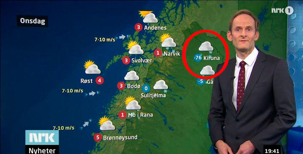 Rekordkyla NRK:s meterolog Terje Alsvik Walløe rapporterar om vädret. Men nej, Kiruna hade inte -76.