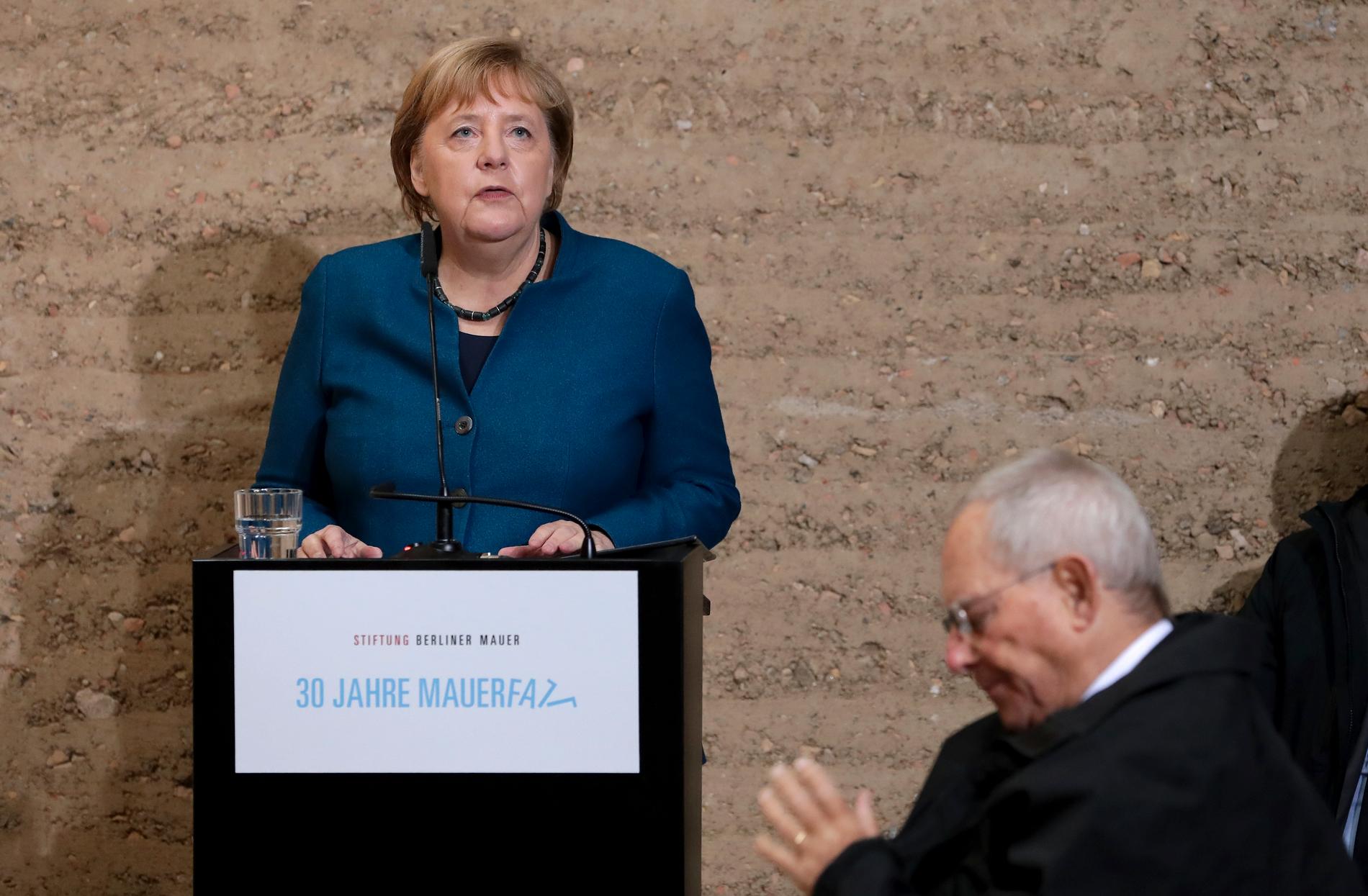 Tysklands förbundskansler Angela Merkel hedrar dem som kunde förena Öst- och Västtyskland sedan muren fallit. Men i ett personligt tal i en kyrka vid Bernauer Strasse, där muren var byggd, varnar hon för framtiden.