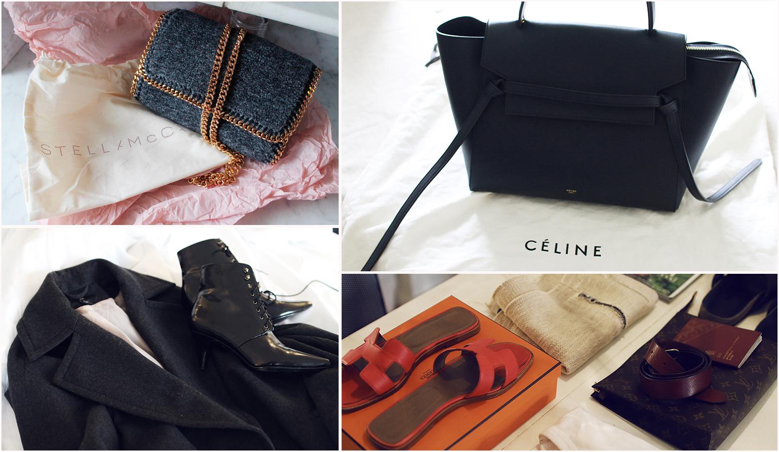 Delar ur väsksamlingen. Här ser vi bland annat dyrgripar från Céline och Stella McCartney, för att inte glömma sommarens mest omnämnda sandaler från Hermès.