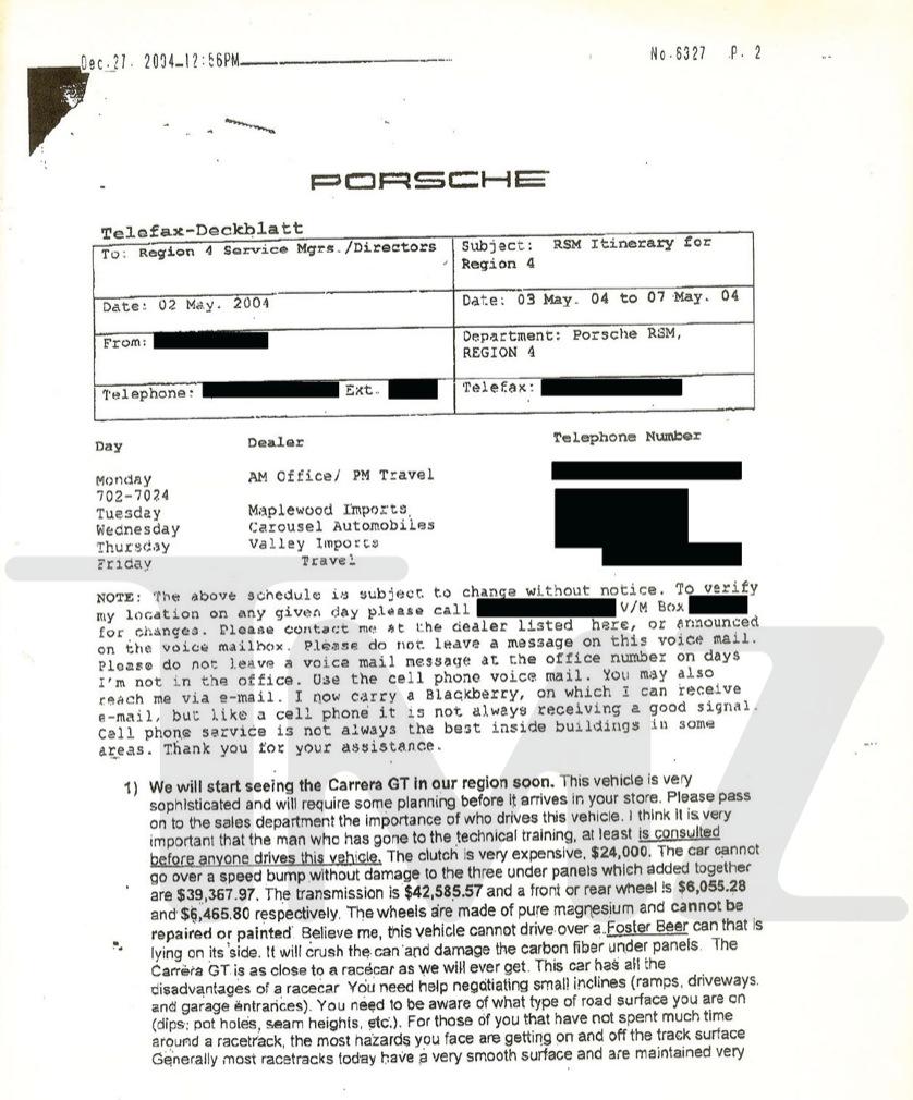 TMZ publicerar Porsches skriftliga varning.