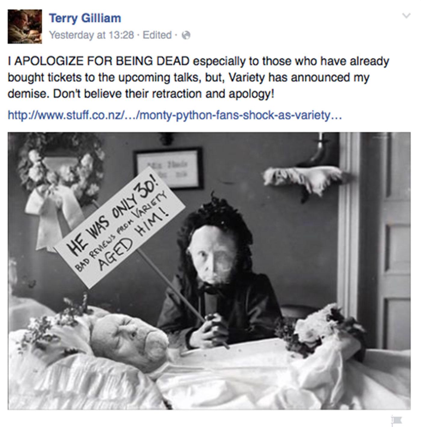 Terry Gilliams inlägg på Facebook.