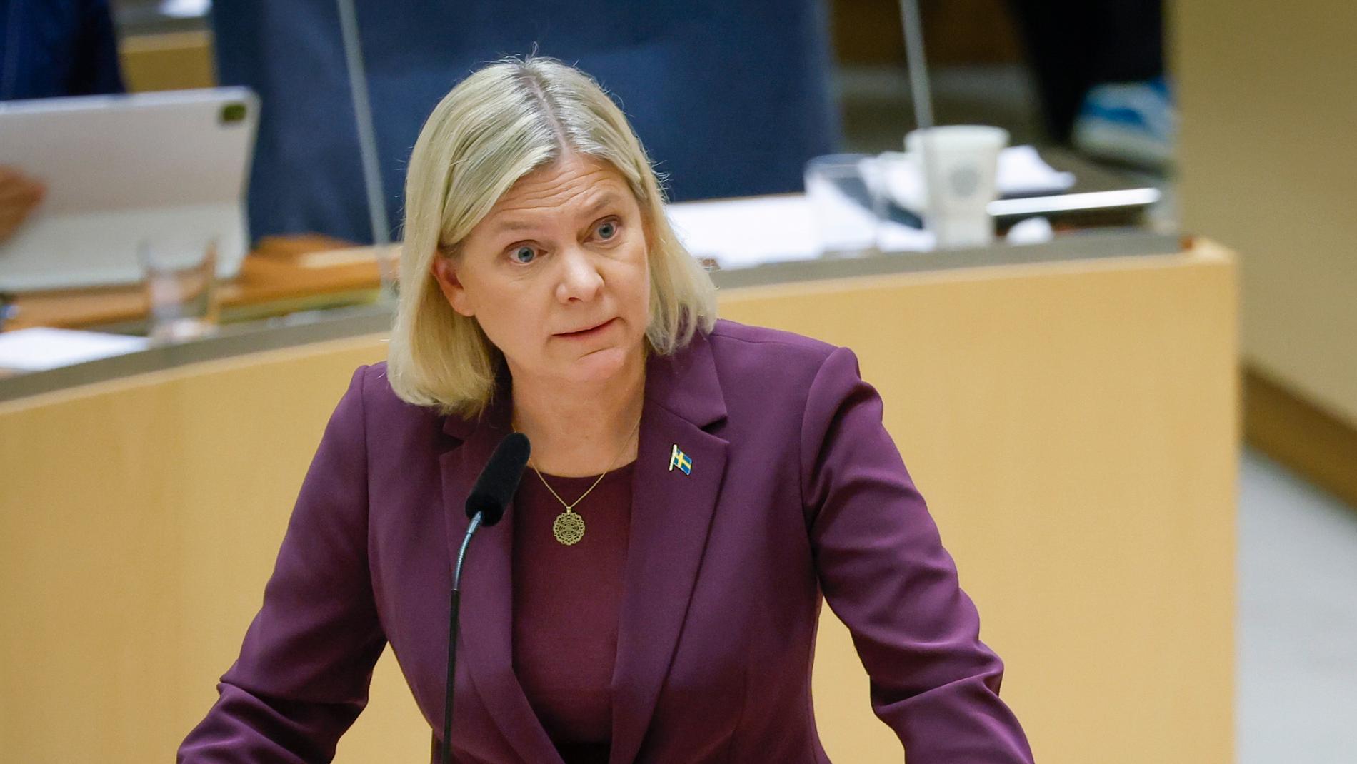 Socialdemokraternas partiledare Magdalena Andersson (S) under en EU-politisk partiledardebatt i riksdagen på onsdagen.