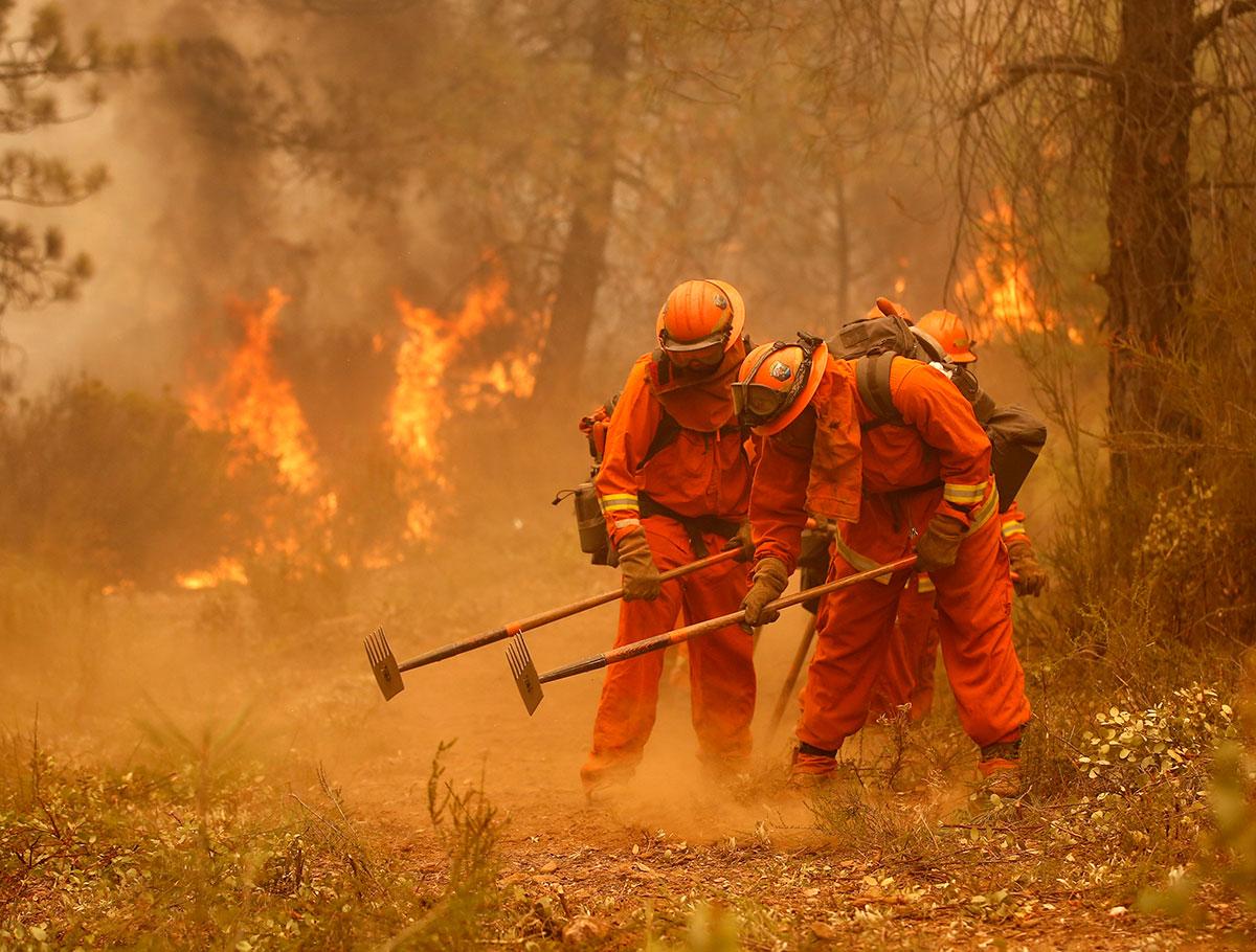 Amerikanska fångar arbetar med att begränsa spridningen av en skogsbrand i Kalifornien.