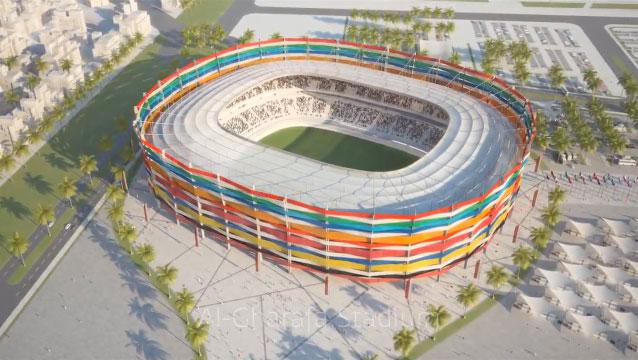 Doha (Al Gharafa-stadion) +++ Invånare: 797 000. Arena: Rymmer i dag 25 000 personer, men ska byggas ut. Kapacitet: 45 000. Peter Halléns kommentar: ”Som sargen runt en trumma är fasaden flätad av remsor i all världens flaggors färger, en enkel och festlig idé som dock ekar något ihåligt. Stadion har en vacker form men den skapar onödig distans mellan åskådarna och planen.”