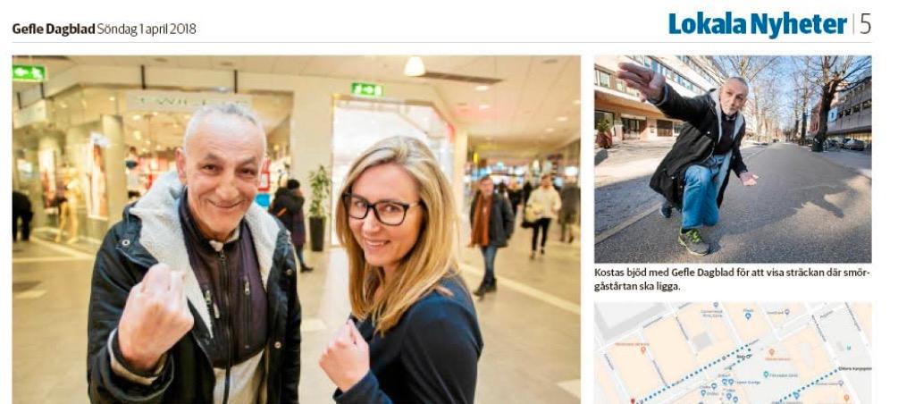 I Gefle Dagblad visar Kostas och Maria var smörgåstårtan ska dras genom Gävle.