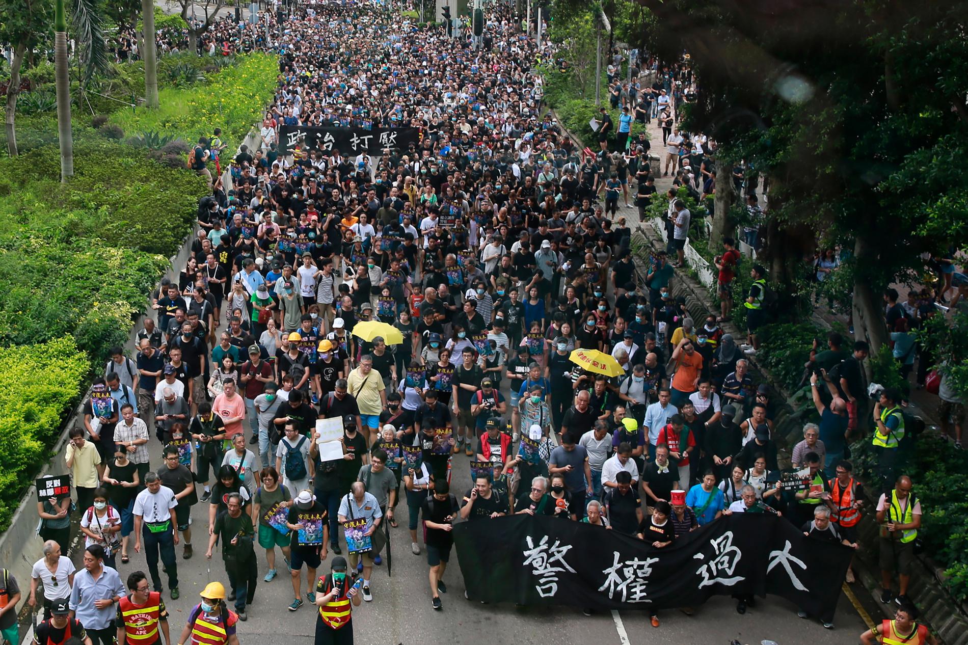 Människor marscherar med en banderoll med texten "Polisens makt är för stor".