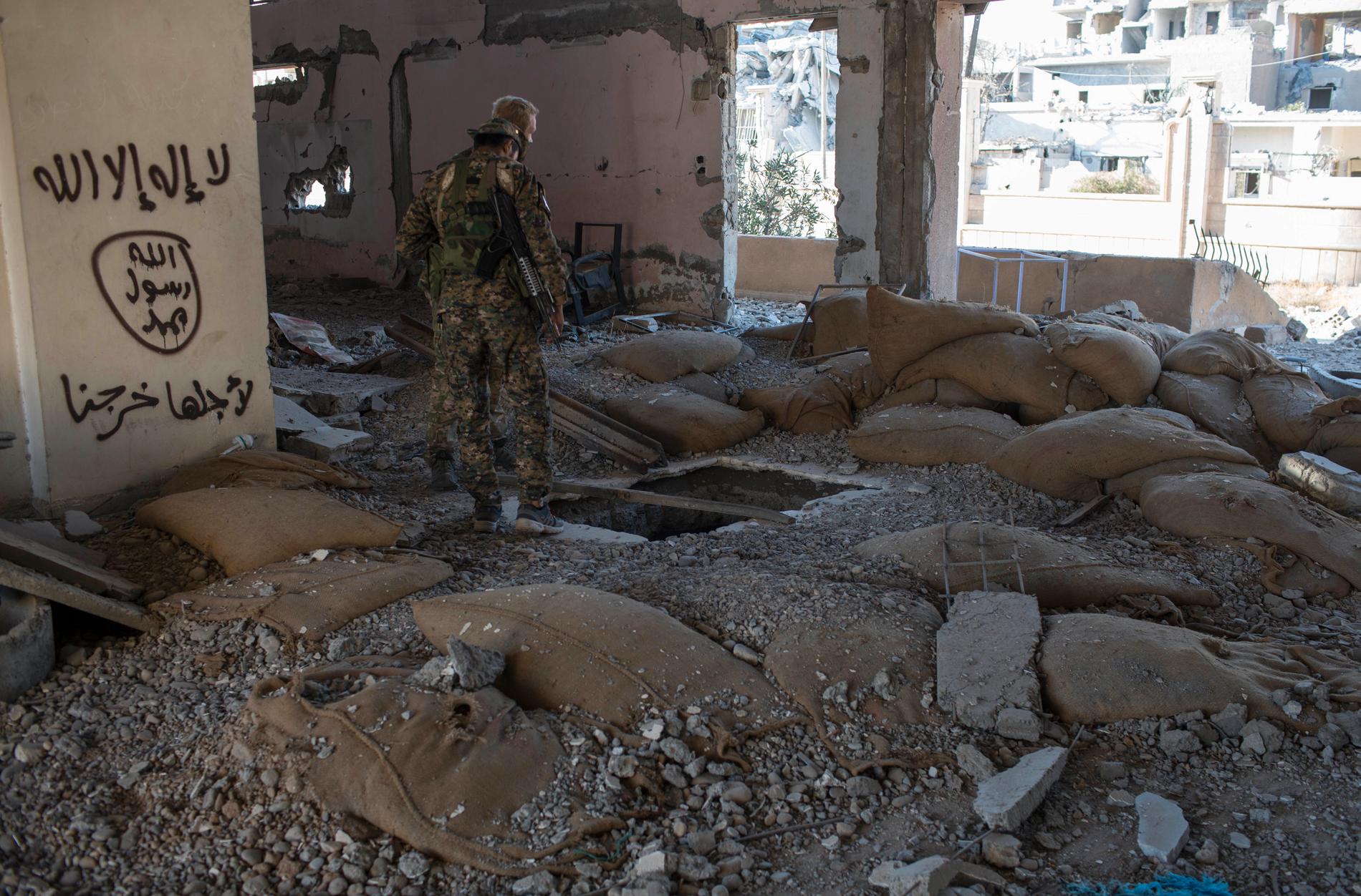 En man som strider för SDF-milisen kontrollerar en byggnad som tidigare kontrollerats av terrorgruppen IS. Arkivbild.