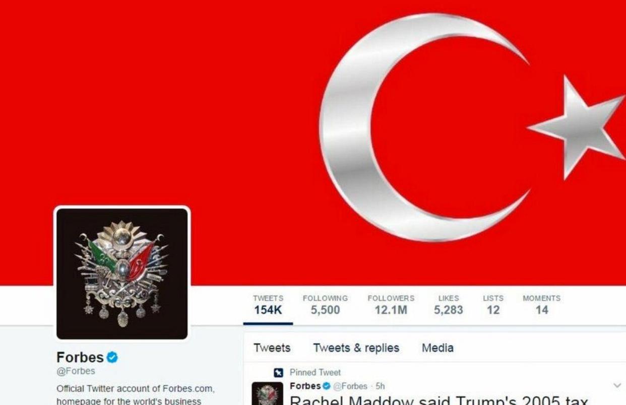 Forbes med hackad profilbild och bakgrundsbild. Profilbilden föreställer en symbol för Osmanska riket.