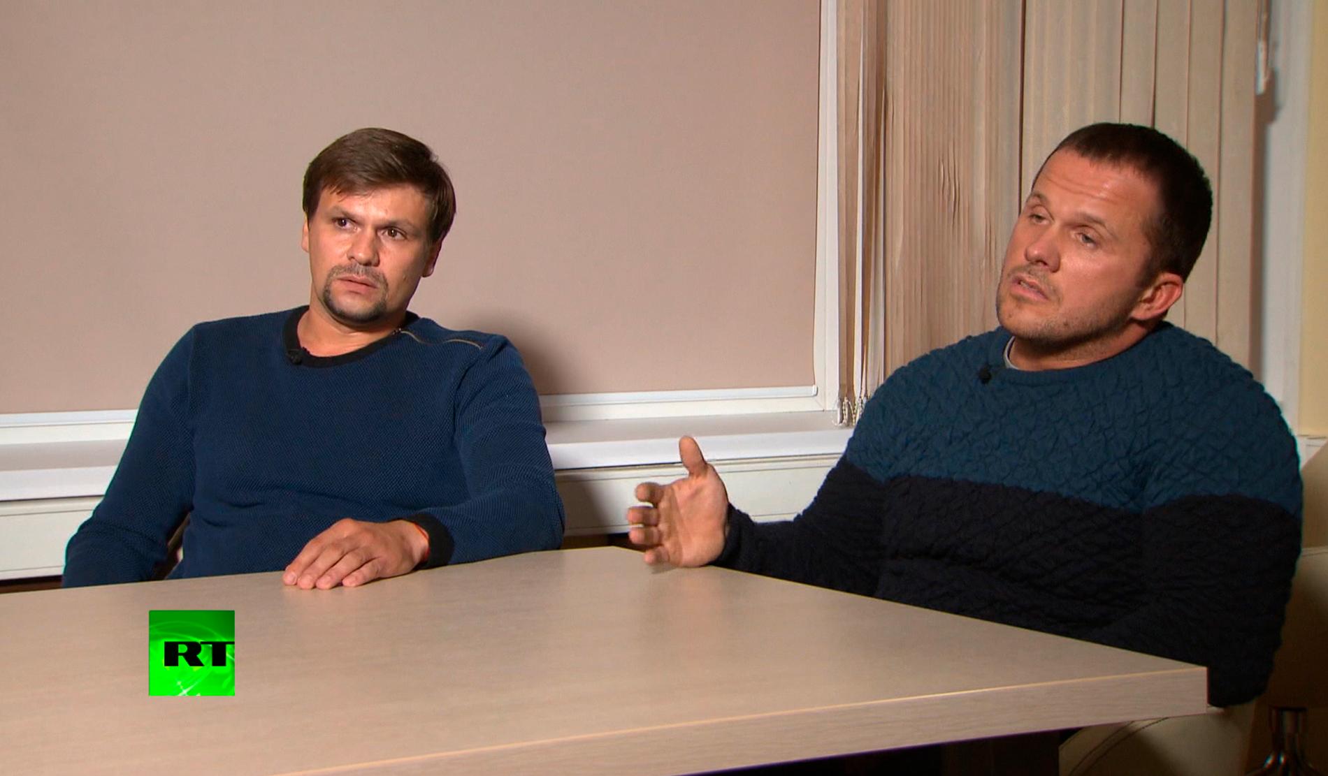 Männen som kallat sig Ruslan Bosjirov och Aleksandr Petrov avslöjas som GRU-agenter. Här ses de i en skärmdump från den ryska statliga kanalen RT.