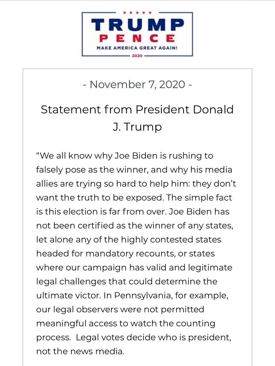 Trumps pressmeddelande efter att Biden tagit hem delstaten Pennsylvania. 