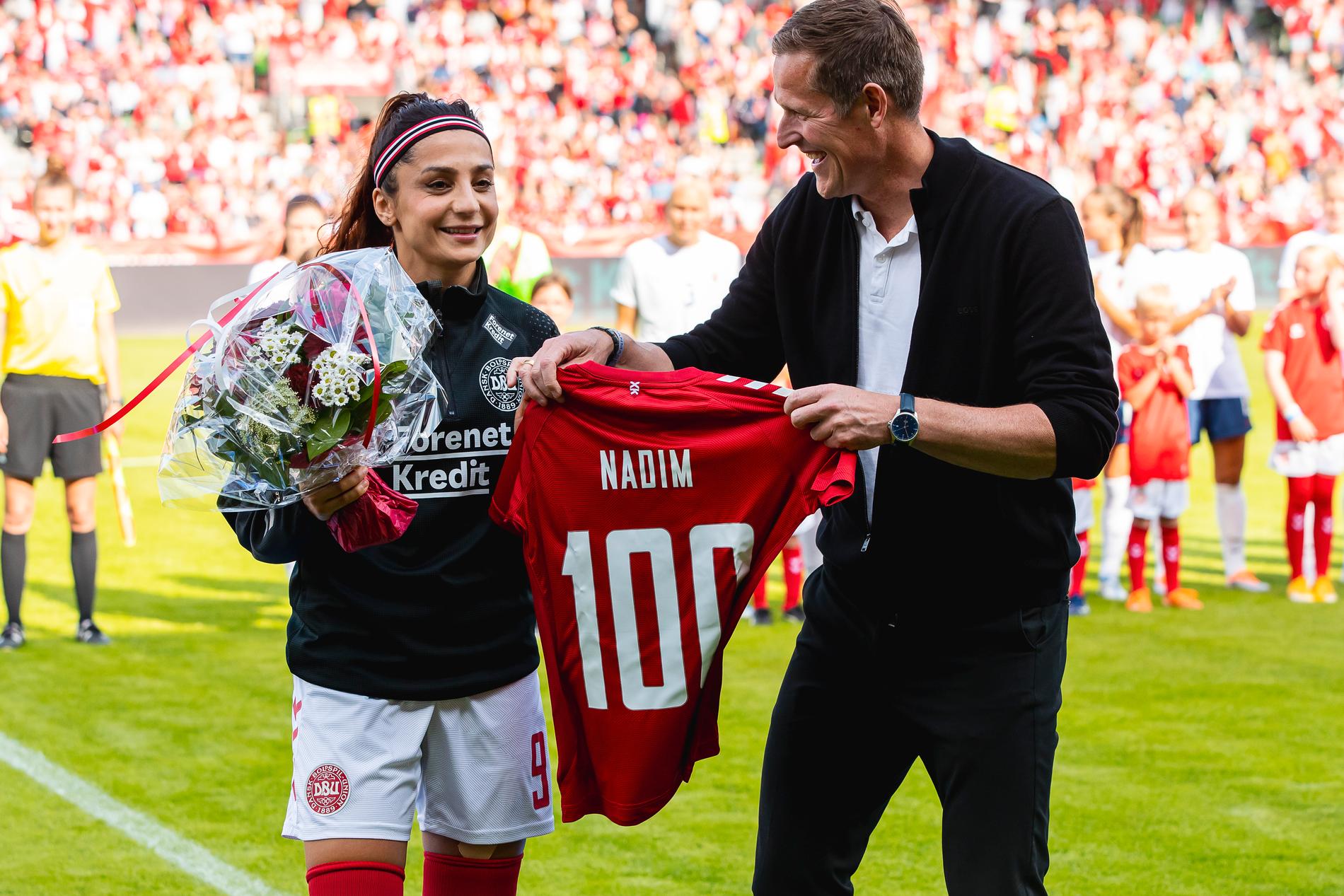 Nadia Nadim gjorde sin 100:e A-landskamp i EM-genrepet hemma mot Norge (1–2) i Viborg förra veckan.