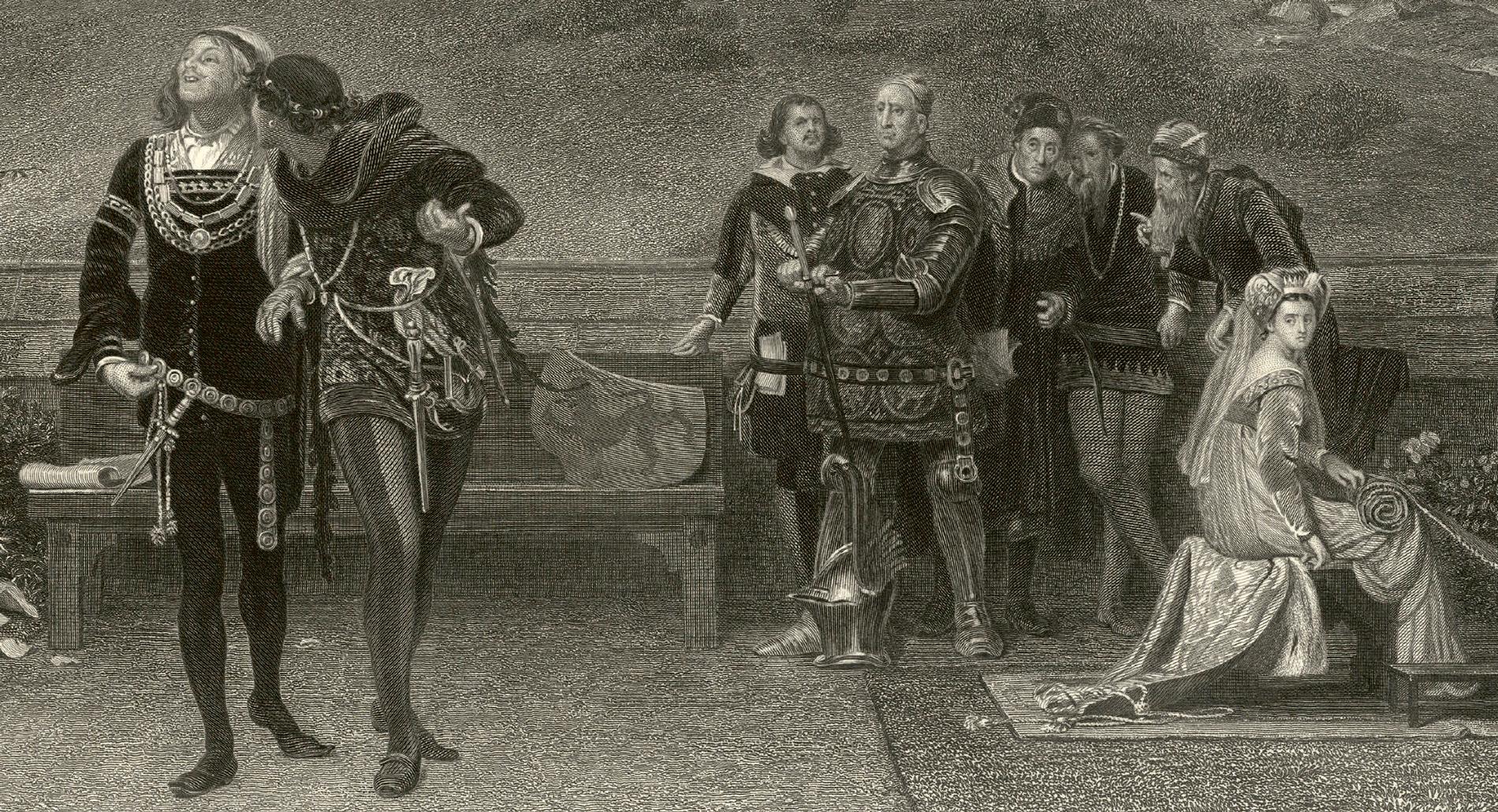 Edvard II och Piers Gaveston promenarar samtidigt som de betraktas av drottningen och rikets rådsherrar. Gravyr  av James Stephensons från sent 1800-tal.