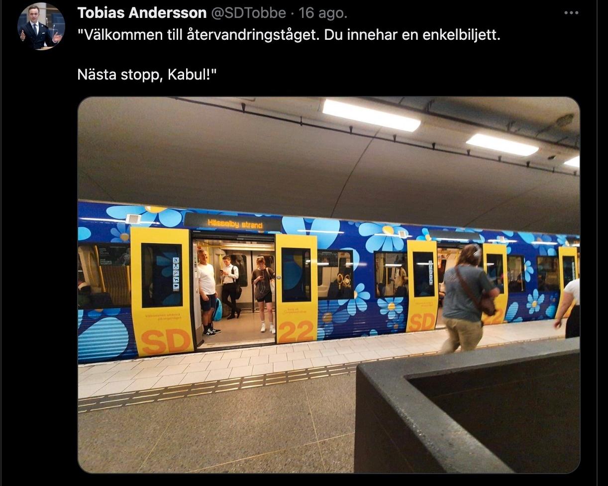 ”Kabul-tweeten”, SD:s rättspolitiske talesperson Tobias Anderssons tweet om det kampanjmålade tunnelbanetåget, förstärktes med hjälp av koordinerad manipulation.