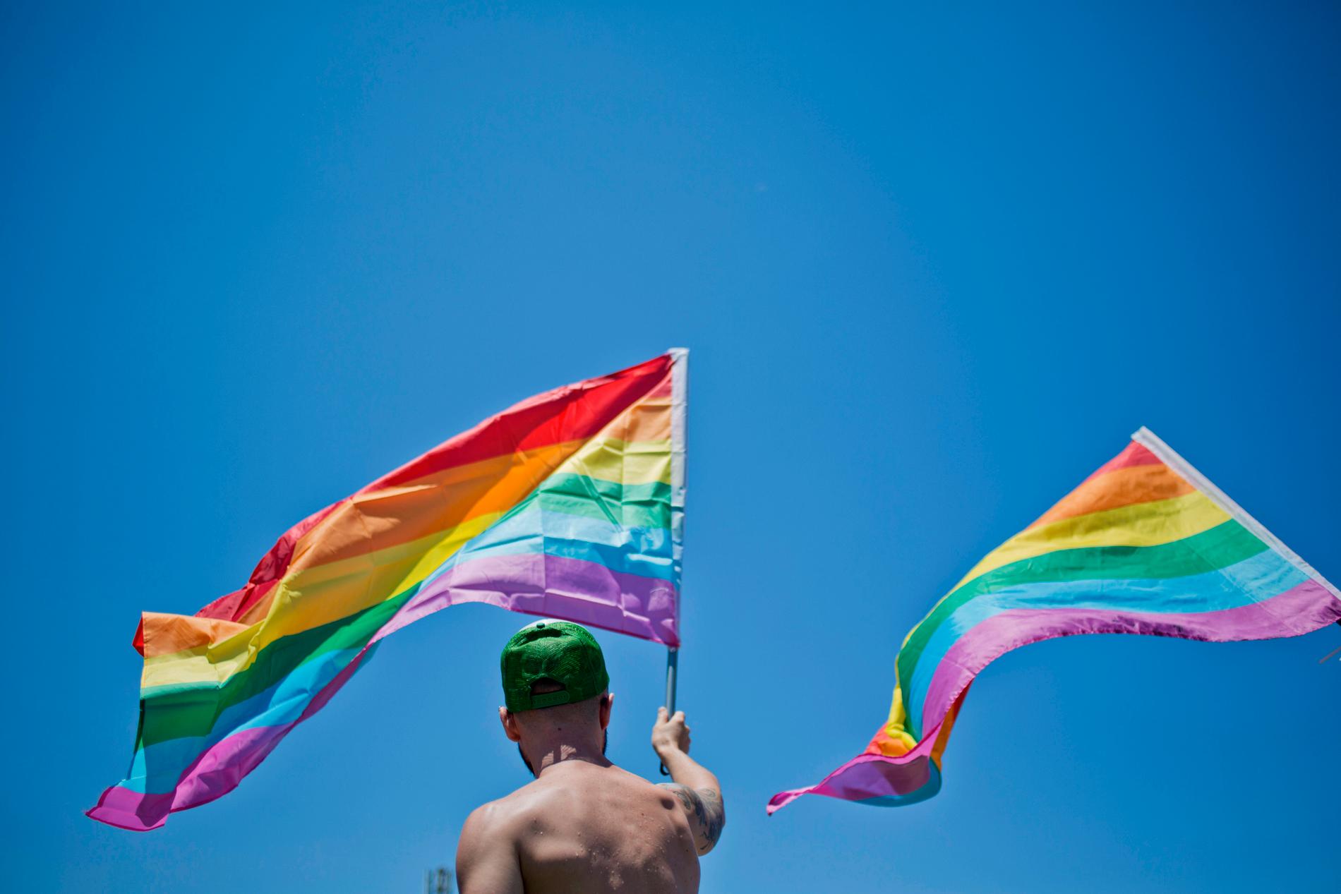 En man med regnbågsflagga under prideparaden i Tel Aviv. Arkivbild.