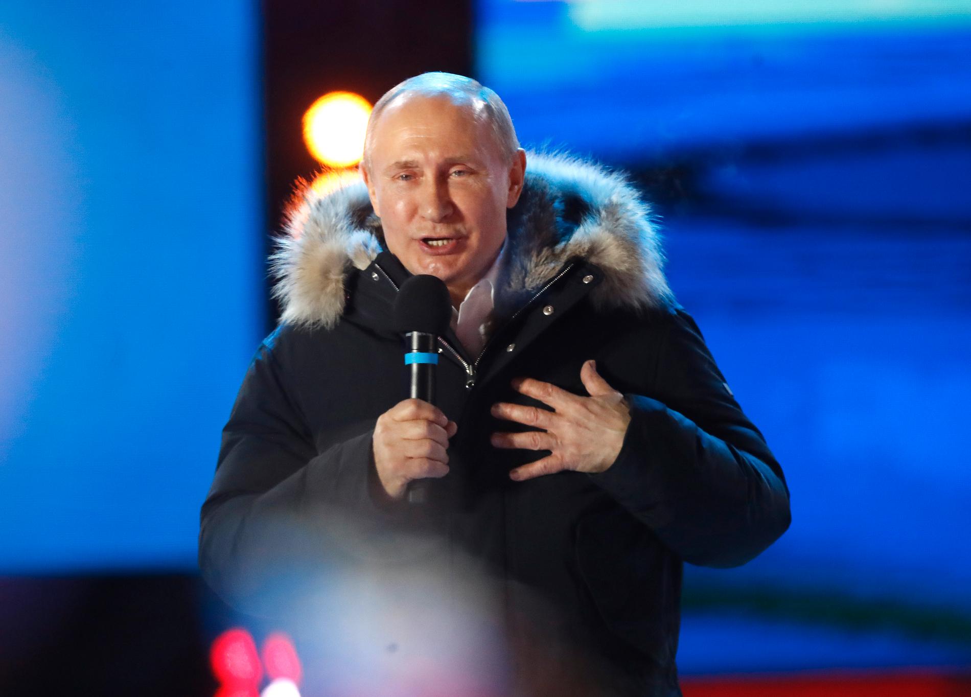 Rysslands president Vladimir Putin talade till folket efter att det blev klart att han vunnit presidentvalet.