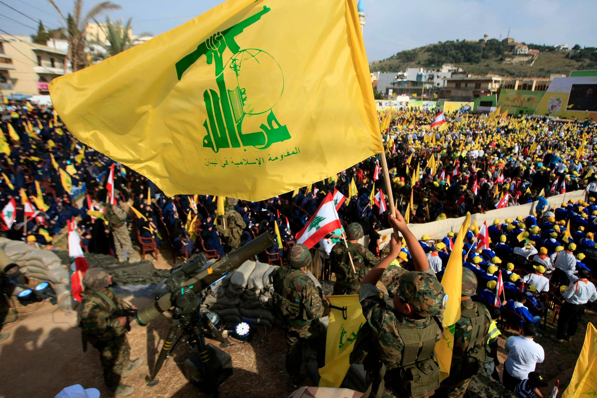 Demonstranter med Hizbollahs flagga