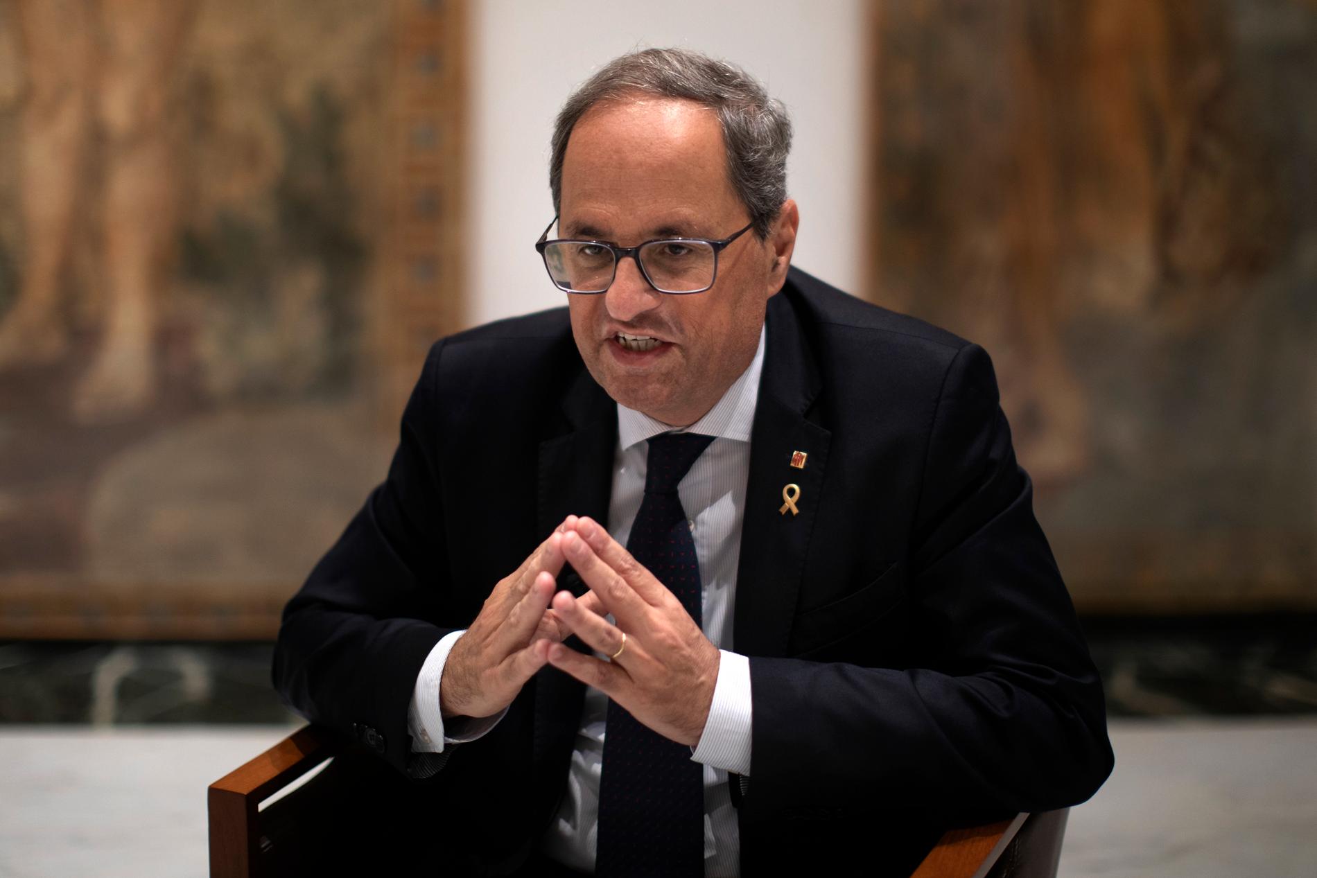 Kataloniens president Quim Torra (bilden) har efter förra månadens våldsamma protester velat få till en dialog med premiärministern Pedro Sánchez. Arkivbild.