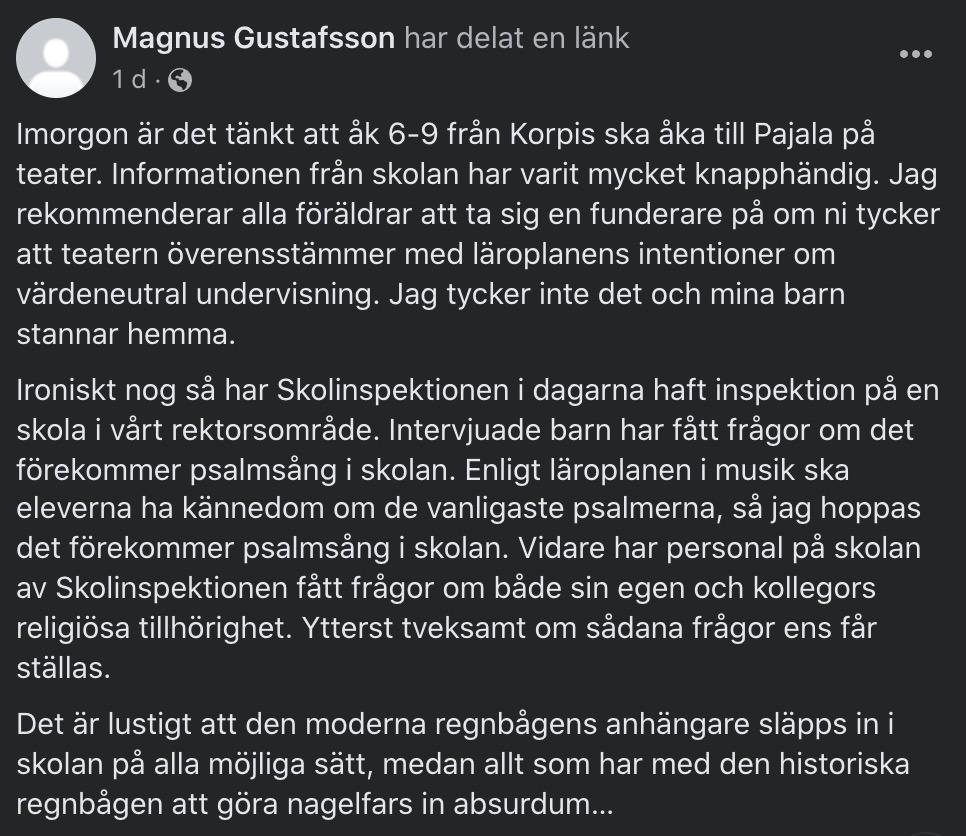 Magnus Gustafssons inlägg i den lokala facebookgruppen. 