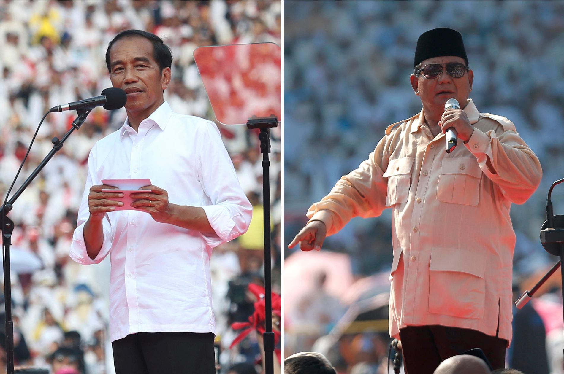 Indonesiens president Joko Widodo, till vänster, och utmanaren Prabowo Subianto under valmöten i huvudstaden Jakarta.