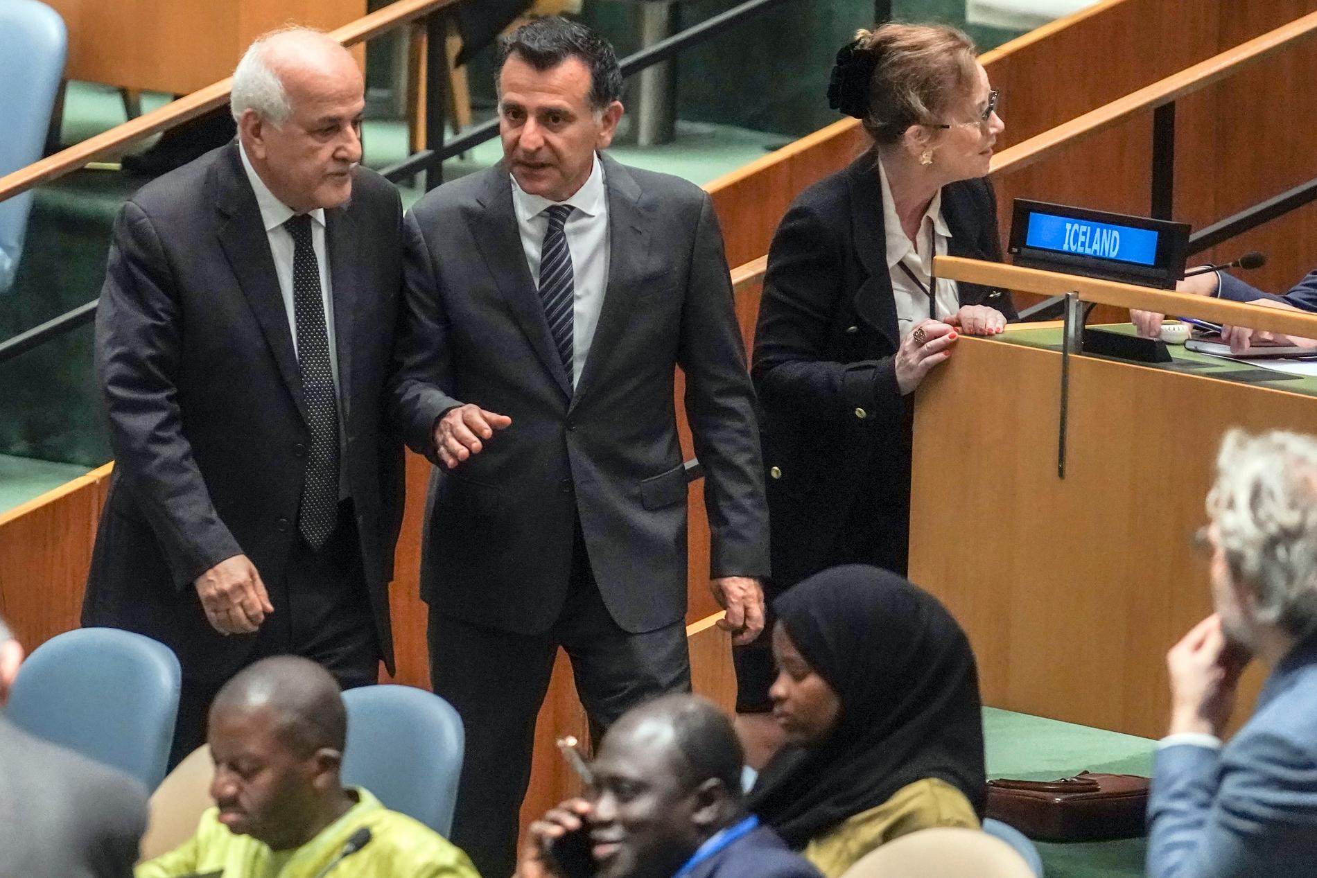 Palestinas FN-ambassadören Riyad Mansour tillsammans med Jordaniens FN-ambassadör Mahmoud Hmoud vid röstningen i FN:s generalförsamling på fredagen. 