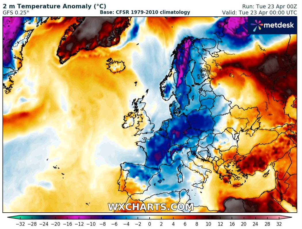 Värmekarta över Europa  från den 23 april.