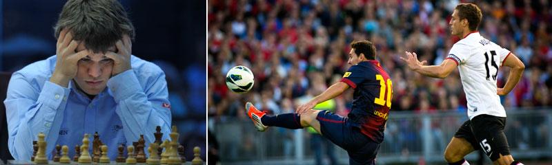Till vänster: Norrmannen Magnus Carlsen. Till höger: Barcelona mot United på Ullevi förra sommaren.