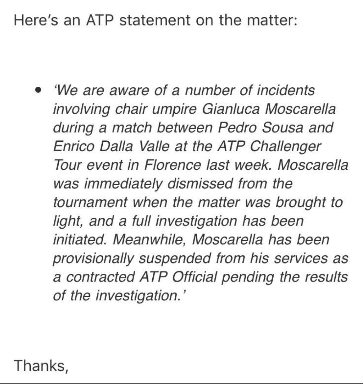 ATP:s uttalande om Gianluca Moscarella
