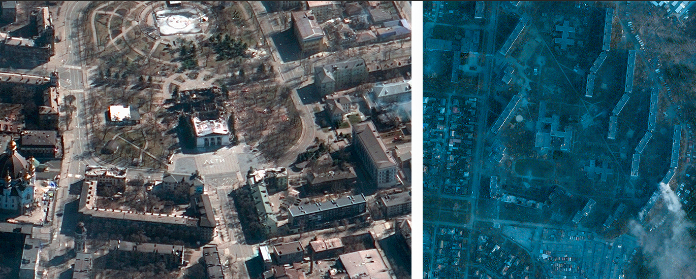 Satellitbilderna avslöjar förödelsen i Mariupol. Till vänster ruinerna efter det ryska flyganfallet mot teatern. Till höger syns rök stiga från brinnande flerfamiljshus efter ännu ett flyganfall, i de östra delarna av staden.