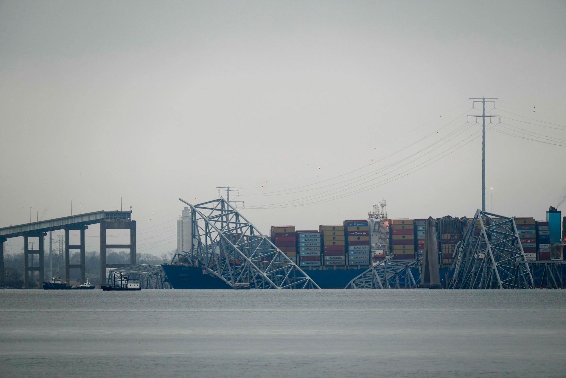 Fartyget Dali – lastat med containrar – bakom nedfallna brodelar till höger, och den kapade bron till vänster.