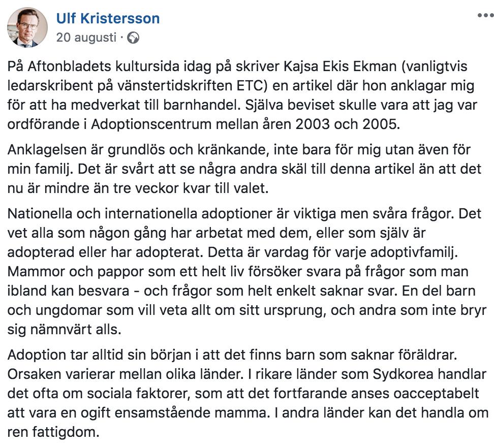 Ulf Kristerssons Facebook-kommentar om Ekis Ekmans artikel (20/8 −18). 