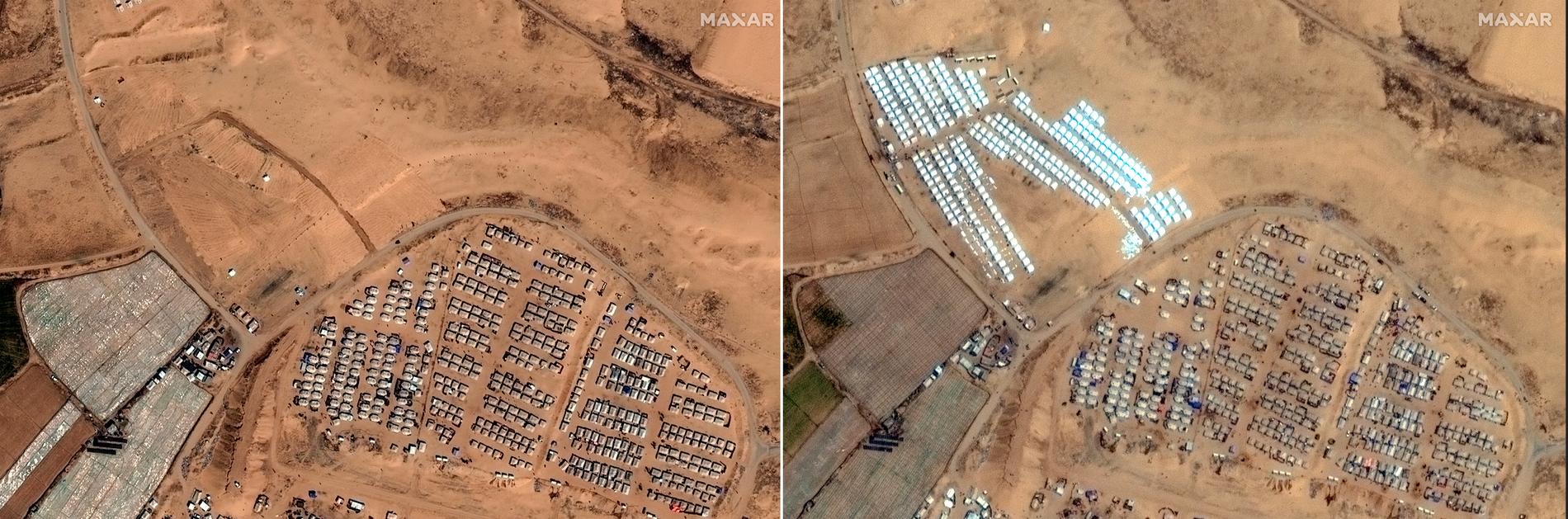 På jämförande satellitbilder från 7 april finns inte samma tältstrukturer utanför Rafah.