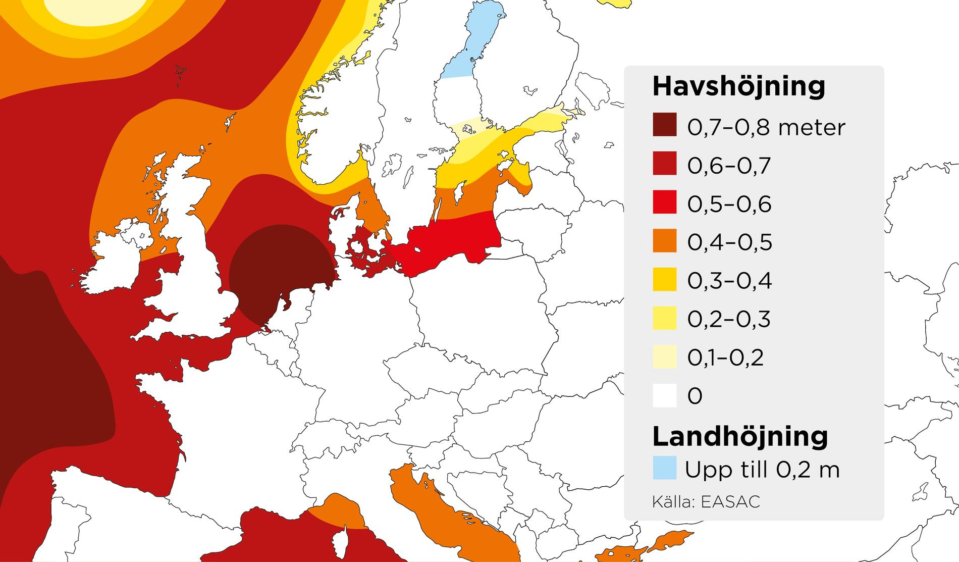 Beräknad höjning av havsnivån under perioden 2000–2100, om utsläppen av växthusgaser fortsätter att öka (RCP8,5). I norra Sverige och Finland förväntas landhöjningen fortfarande överstiga havshöjningen. Den gränsen går i dag ungefär i höjd med Öland.
