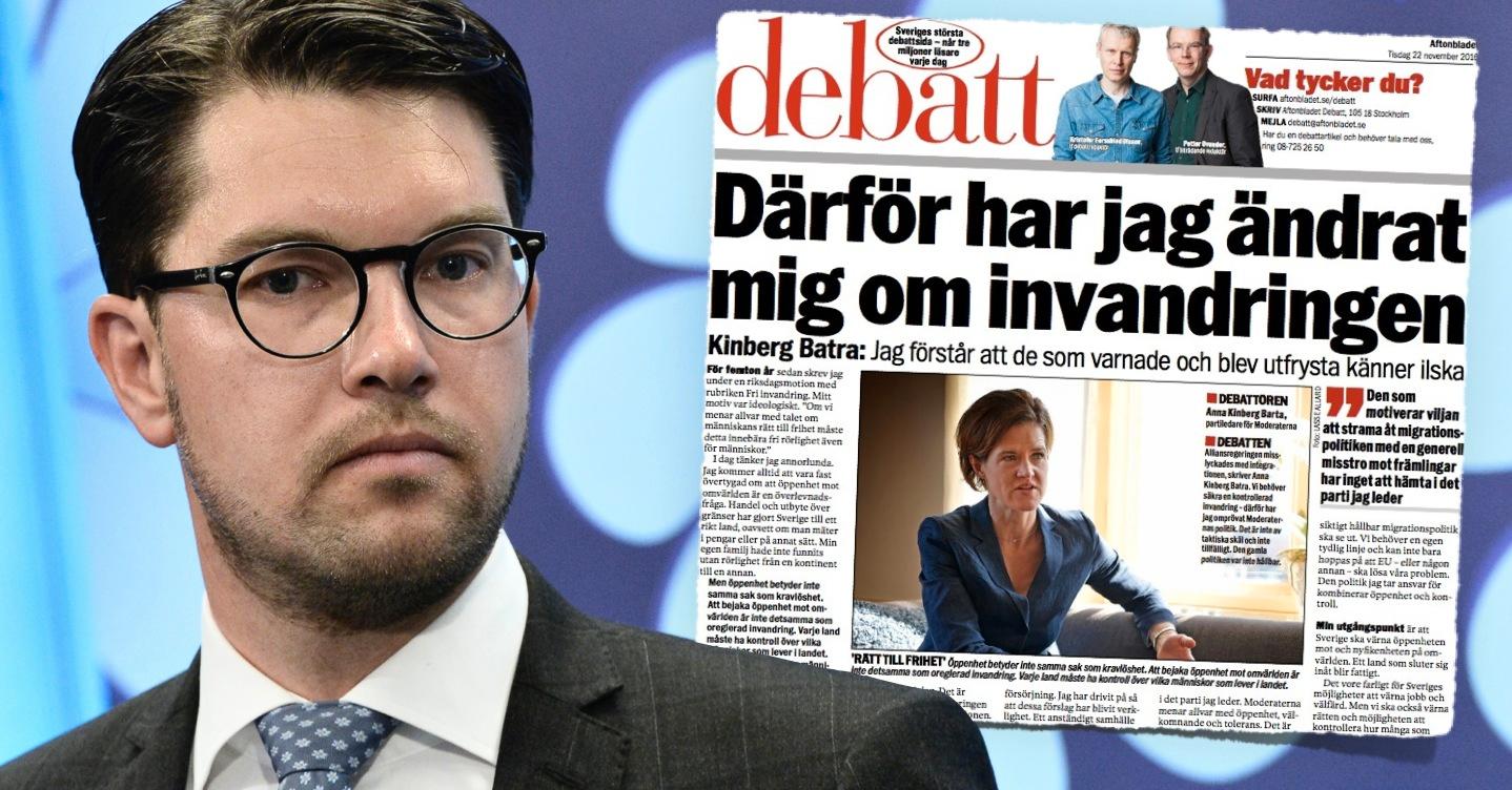 Sverigedemokraternas partiledare Jimmie Åkesson välkomnar Moderaternas nya linje för svensk invandrigspolitik. Men den kommer inte att bli verklighet tillsammans med Alliansen. Är det bara tomma ord - eller vill Anna Kinberg Batra samarbeta, frågar SD-ledaren.