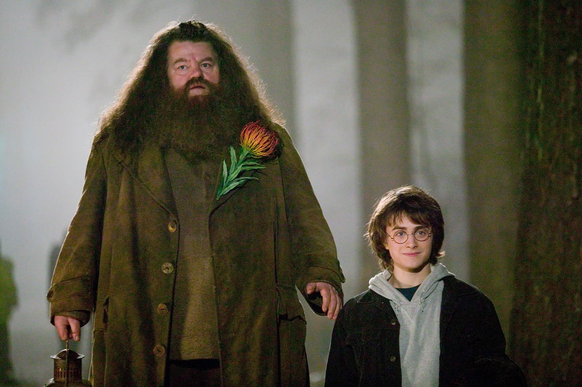 Robbie Coltrane som Hagrid och Daniel Radcliffe som Harry Potter.