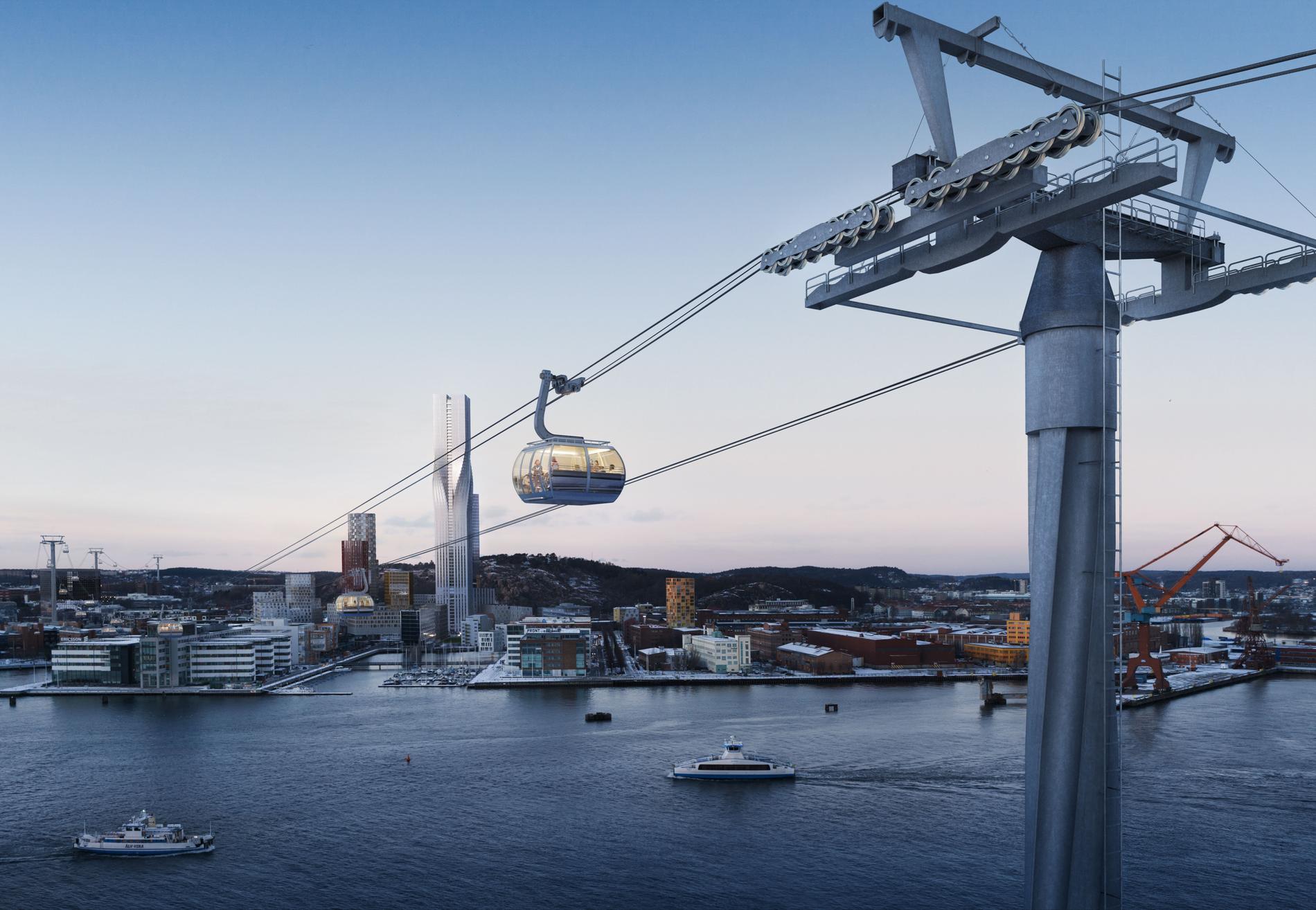 En linbana över Göta älv i centrala Göteborg. Det var visionen. Men nu kommer projektet att läggas ned. Trafiknämnden kommer under torsdagen att lägga förslag om att linbaneprojektet avbryts. Arkivbild.