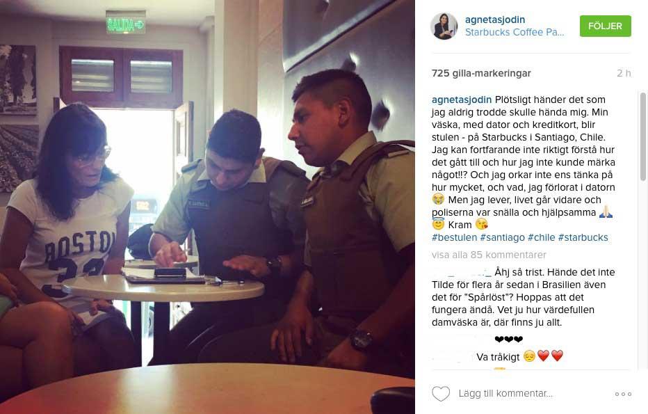 På sitt Instagram har Agneta Sjödin lagt upp en bild från mötet med poliserna efter rånet och berättar om händelsen.