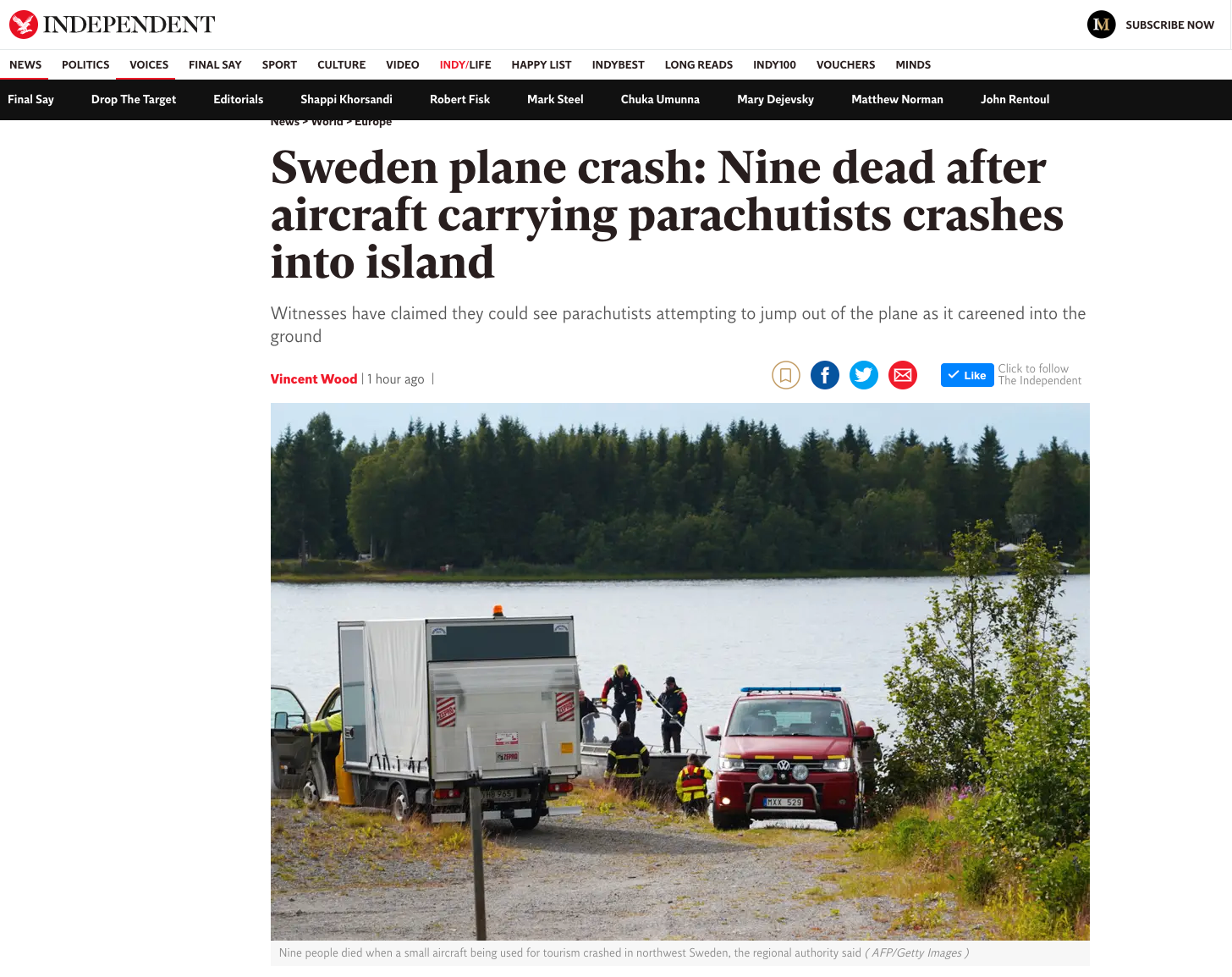 Brittiska Independent: ”Svensk flygkrasch: Nio döda efter att plan med fallskärmshoppare kraschade ner på ö”.