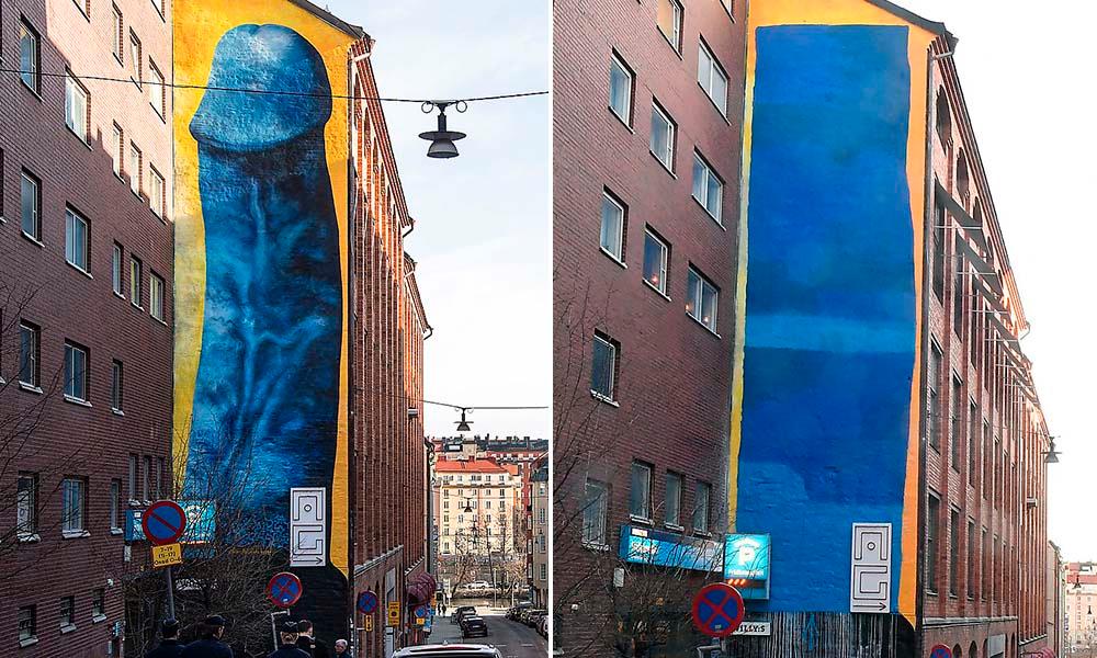 Carolina Falkholts jättesnopp på Kungsholmen i Stockholm ”Fuck the world” målades över efter protester.