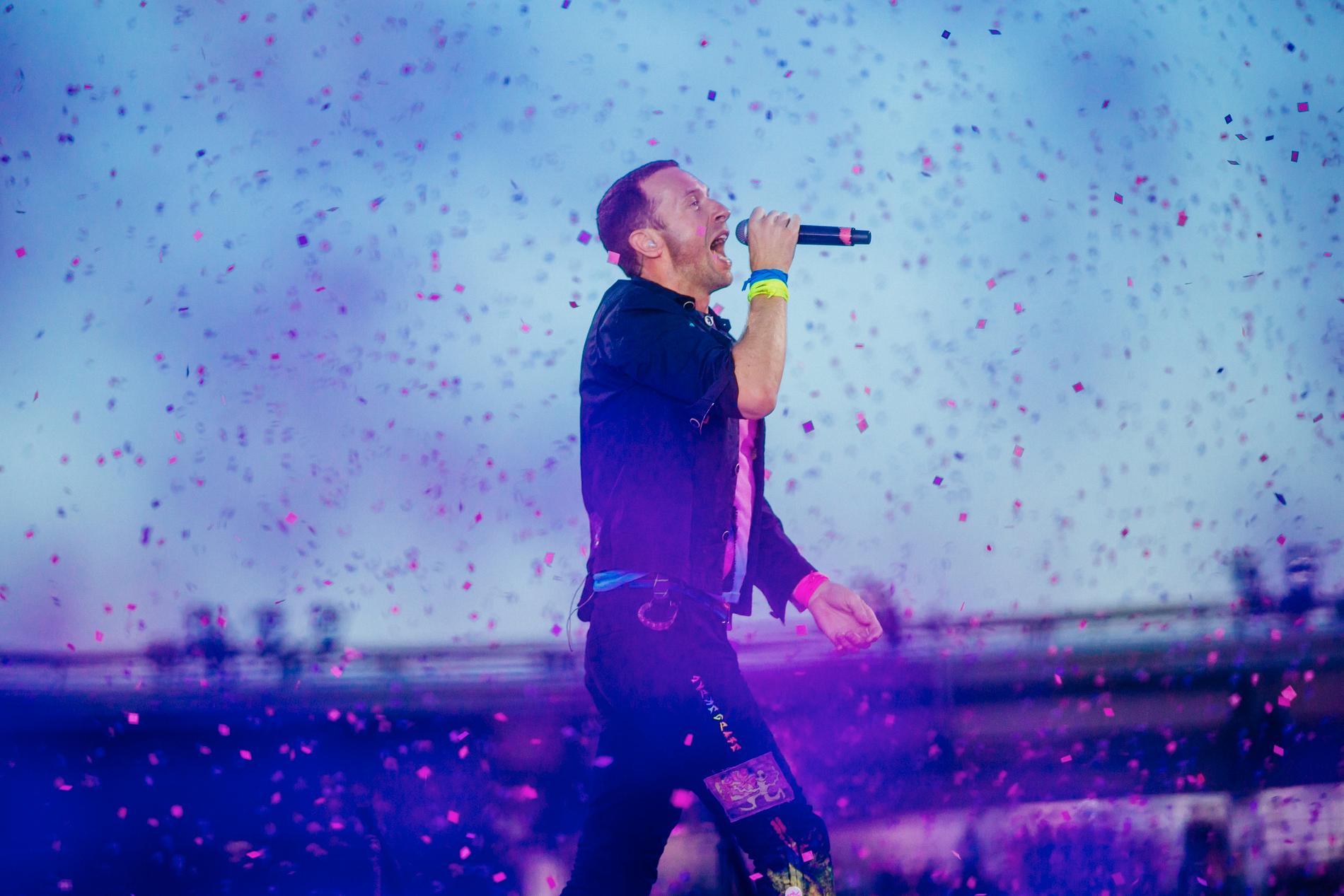 Chris Martin, sångare i Coldplay, på Ullevi 2023.
