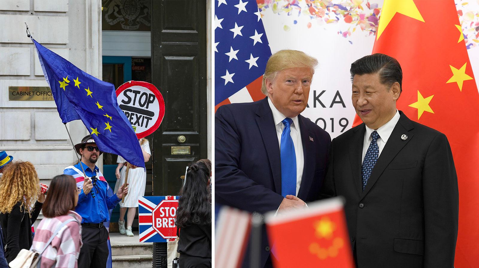 Brexit och handelskriget mellan USA och Kina är två faktorer som kan hota världsekonomin. 