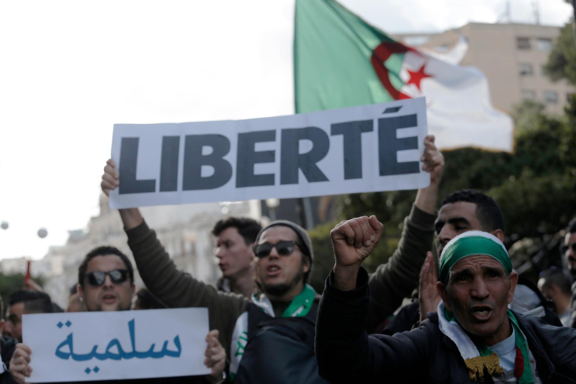 "Frihet" står det på ett plakat som bärs av en demonstrant i Alger, Algeriet, som protesterar mot presidentvalet 12 december. Bild tagen 10 december 2019.