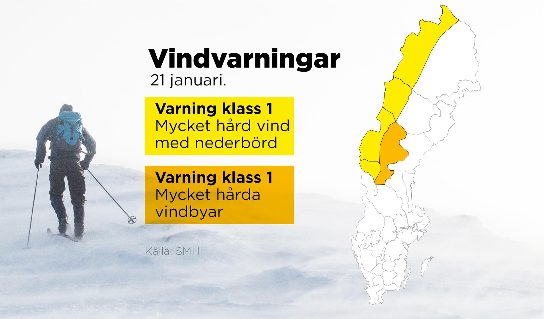 SMHI har utfärdat klass 1-varningar för mycket hård vind i fjällområdena.