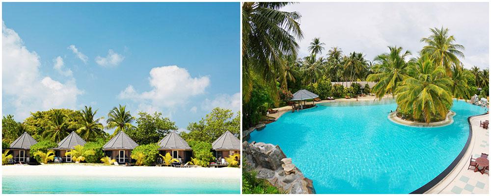 Kuredu Island Resort & Spa är det enda hotellet på Kuredu Island och det tar ungefär 45 minuter att gå runt ön. Sun Island Resort är Maldivernas största resort. 