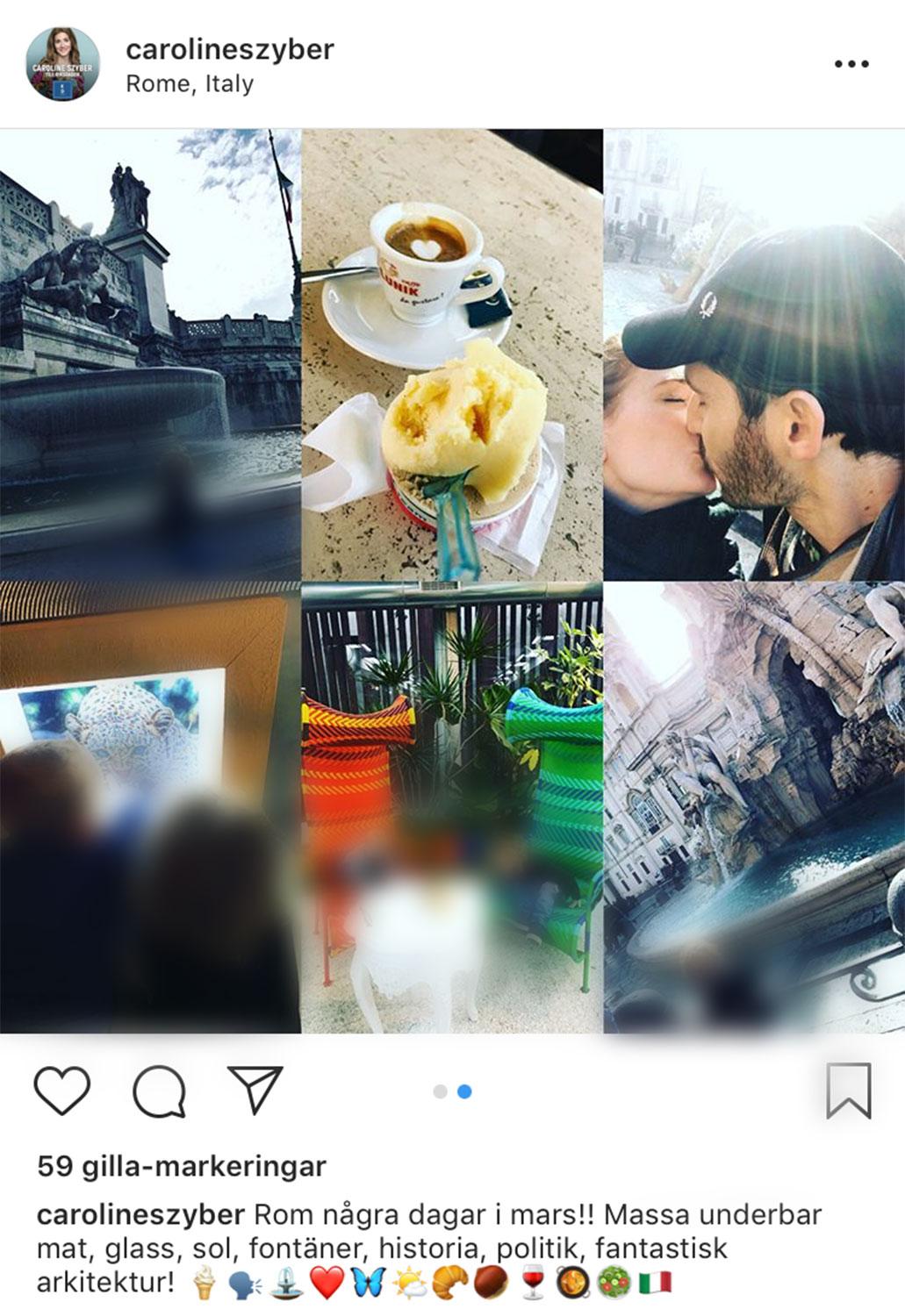 ”Massa underbar mat, glass, sol, fontäner, historia, politik, fantastisk arkitektur”, skrev Szyber när hon la upp bilder från Rom på Instagram.