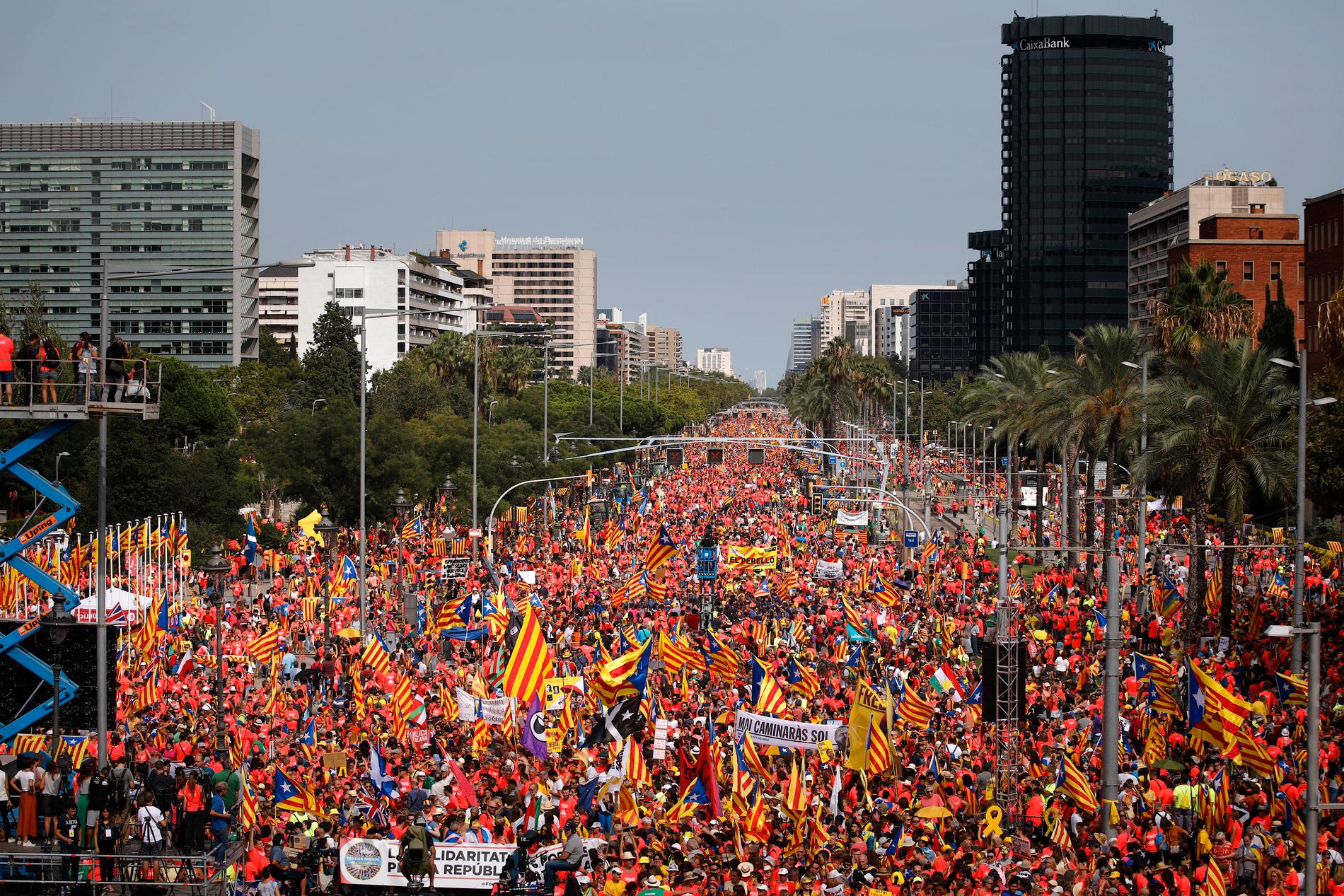 Människor viftar med katalanska flaggor under manifestationen "Diada för republiken" i Barcelona.
