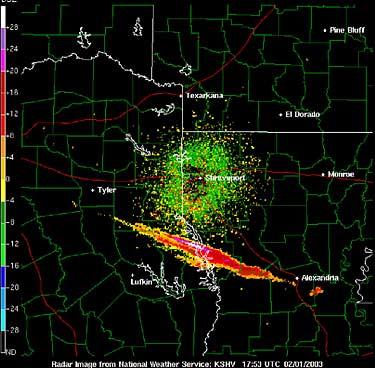 Denna radarbild visar hur delar av Columbia sprids över Texas sedan rymdfärjan brutits sönder. Bilden togs av National Oceanic and Atmospheric Administrations station i Shreveport i Louisiana.