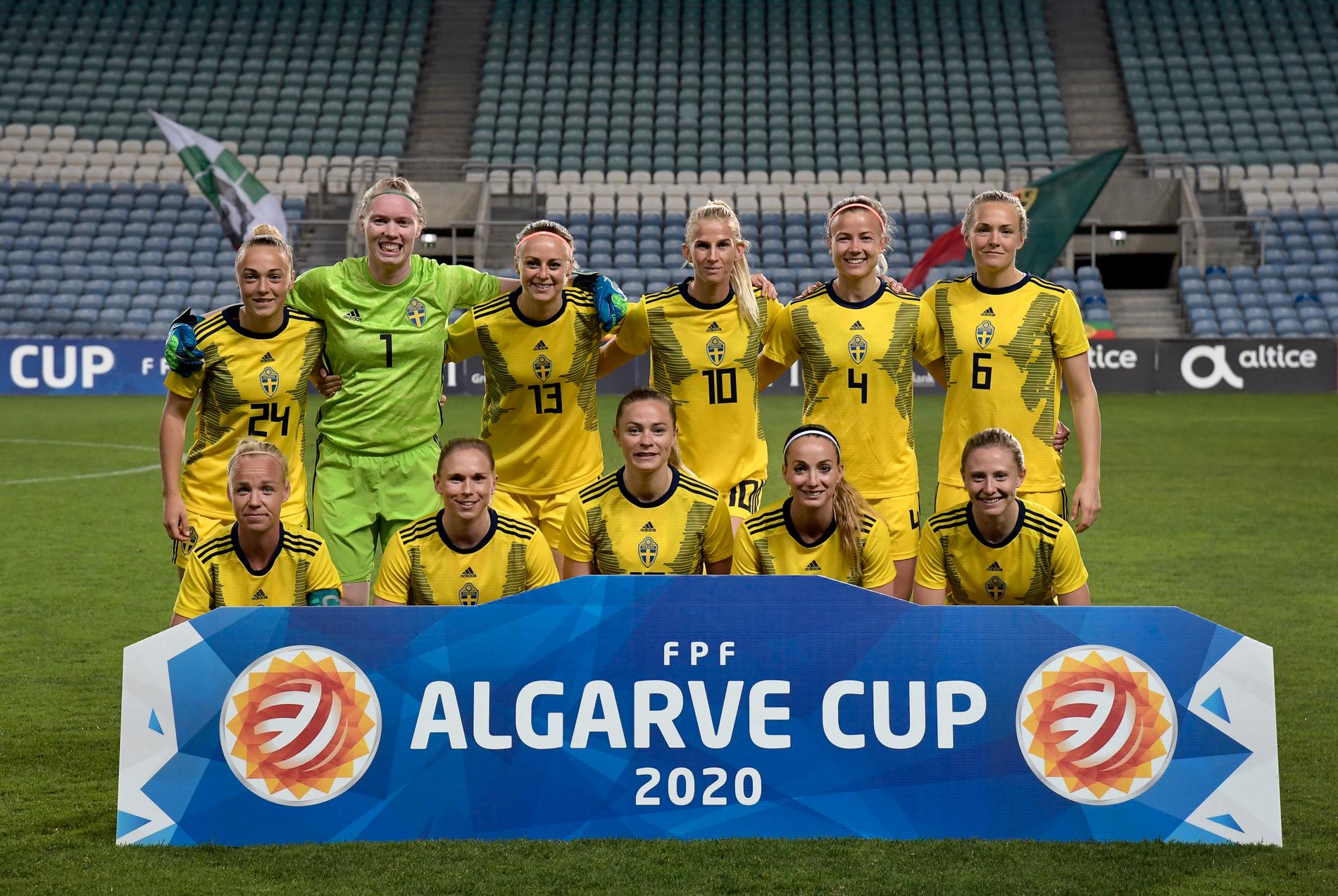 Sveriges startelva inför matchen mot Portugal i Algarve Cup 2020. Nästa upplaga av landslagsturneringen riskerar att ställas in. Arkivbild.