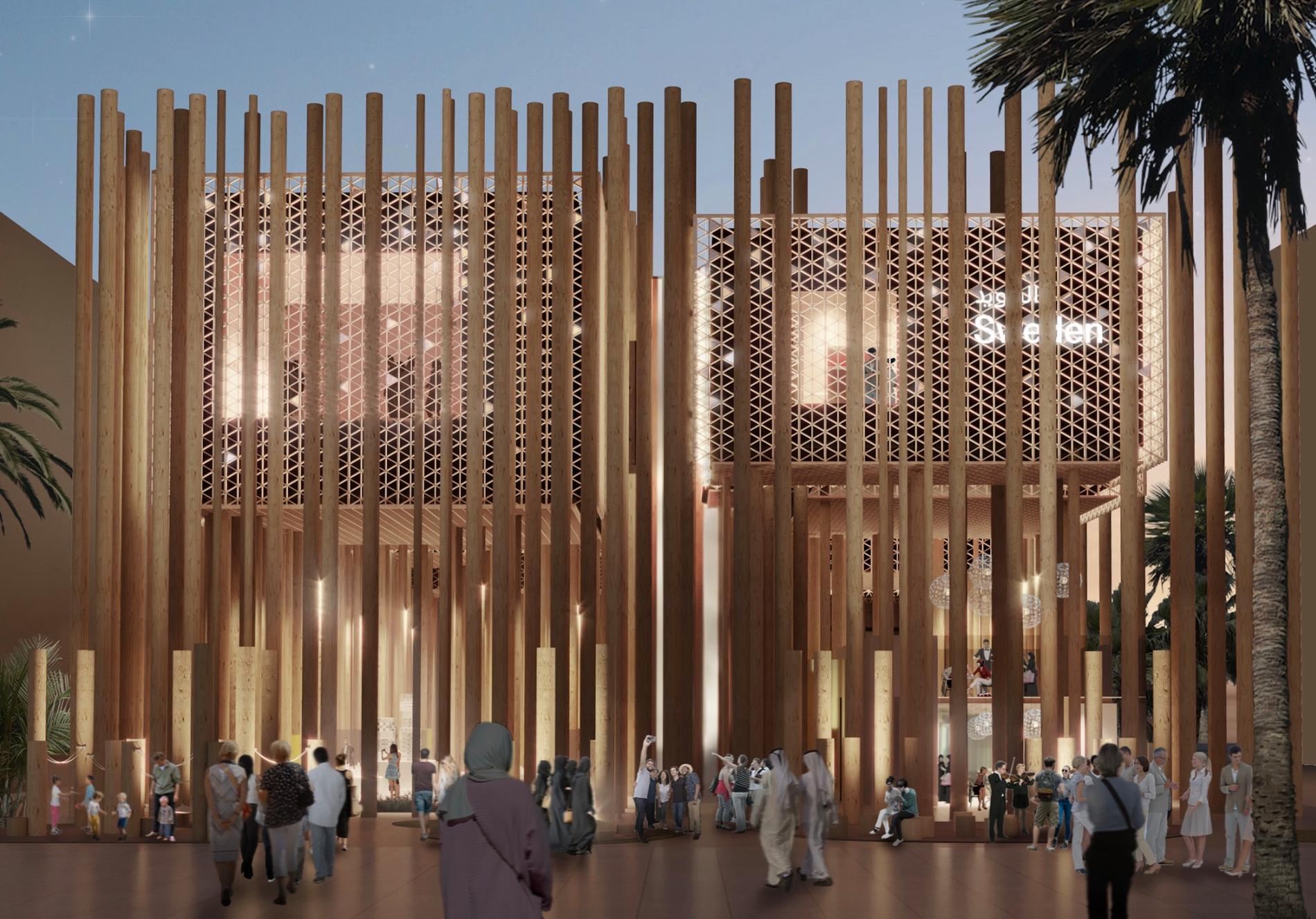 Så här ska den färdigställda svenska paviljongen i Expo 2020-området i Dubai se ut. 