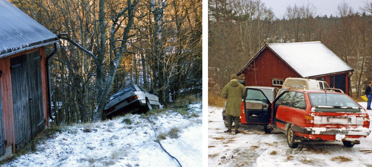 Det har varit bråda vintrar i Görans trädgård. Här syns en Volvo på vift (till vänster) omkring år 1990. Några år senare en krock mitt i backen en kall novemberdag (bilden till höger).